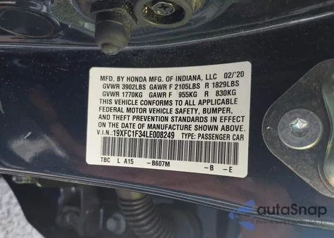 2020 Honda Civic Ex from USA, damaged, VIN 19XFC1F34LE008249